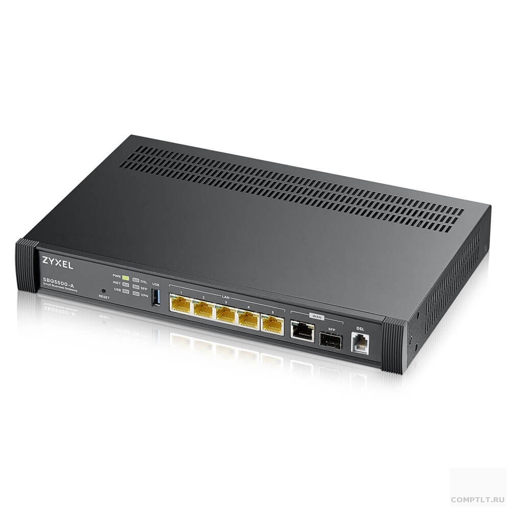 ZYXEL SBG5500-A-ZZ0101F Маршрутизатор SBG5500-A, 4xWAN RJ-45 GE, SFP, LAN/WAN GE, RJ11 ADSL2 Annex A, USB3.0 поддержка 3G/4G USB-модемов, 4xLAN GE, 50 VPN туннелей