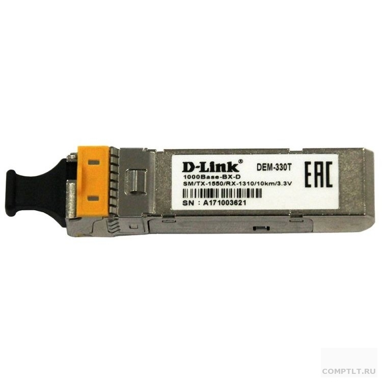 D-Link 330T/10KM/A1A WDM SFP-трансивер с 1 портом 1000Base-BX-D Tx1550 нм, Rx1310 нм для одномодового оптического кабеля до 10 км, разъем Simplex LC