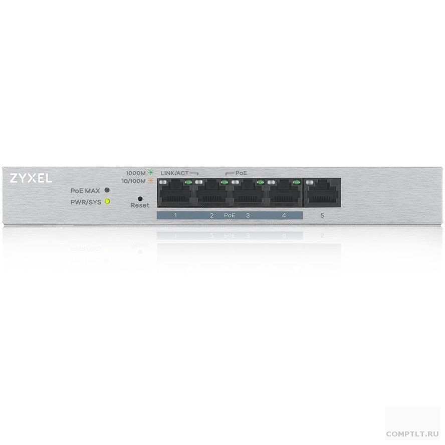 ZYXEL GS1200-5HPV2-EU0101F Smart PoE коммутатор GS1200-5HP v2, 5xGE 4xPoE, настольный, бесшумный, с поддержкой VLAN, IGMP, QoS и Link Aggregation, бюджет PoE 60 Вт
