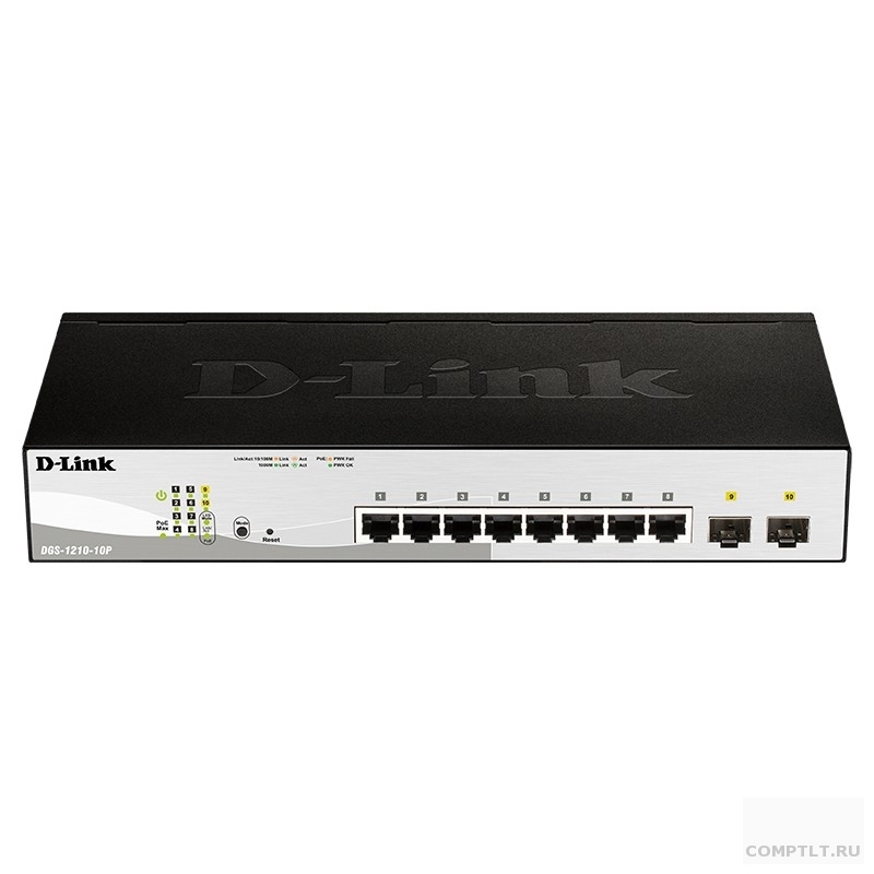 D-Link DGS-1210-10P/FL1A Управляемый L2 коммутатор с 8 портами 10/100/1000Base-T и 2 портами 1000Base-X SFP 8 портов PoE 802.3af/at, PoE бюджет 65 Вт