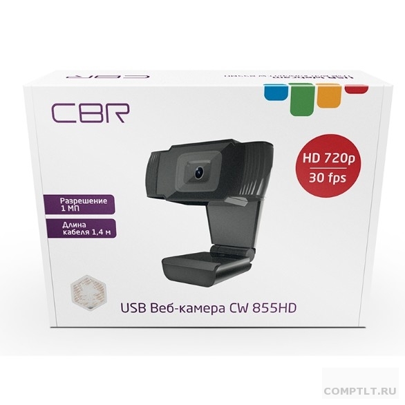 CBR CW 855HD Black, Веб-камера с матрицей 1 МП, разрешение видео 1280х720, USB 2.0, встроенный микрофон с шумоподавлением, фикс.фокус, крепление на мониторе, длина кабеля 1,4 м, цвет чёрный