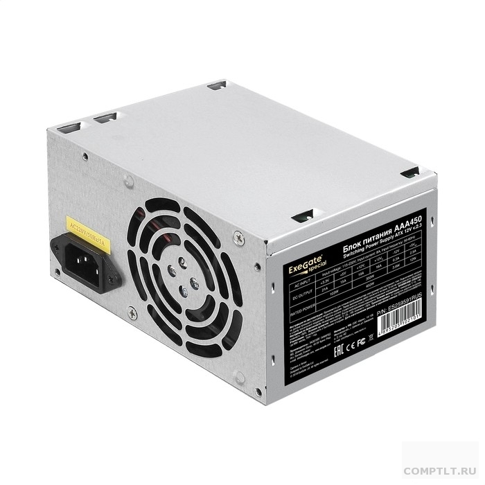 Exegate ES259591RUS-PC Блок питания 450W ExeGate AAA450 ATX, PC, 8cm fan, 24pin, 4pin, 2xSATA, IDE, кабель 220V в комплекте