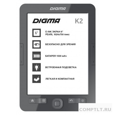 Digma K2 6" E-ink HD Pearl 758x1024 600MHz/4Gb/microSDHC/frontlight темно-серый 1406109