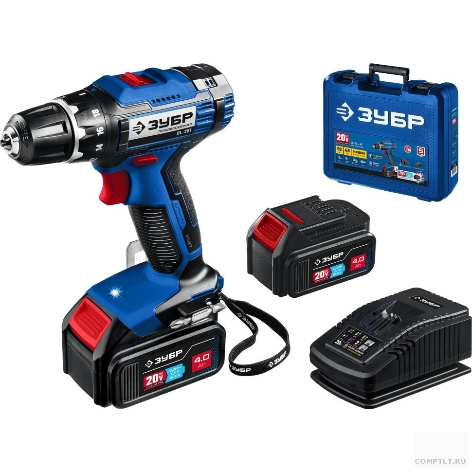 ЗУБР 20В, 2 АКБ 4Ач, в кейсе, дрель-шуруповерт, Профессионал. DL-201-42